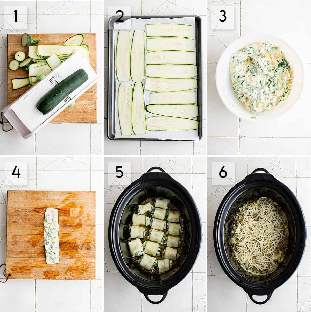 how to make slow cooker zucchini lasagna roll ups photo collage